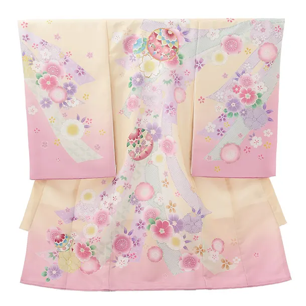 女児産着 お宮参りレンタルR105 うす黄 裾ピンク 鞠 桜 熨斗