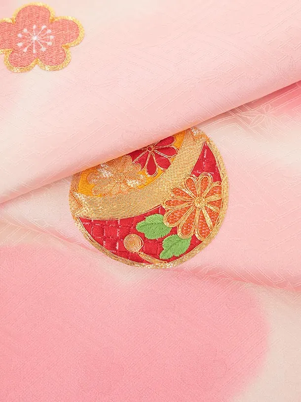 女児産着 お宮参りレンタル R206【高級正絹】赤 ピンク 刺繍 鞠 鈴