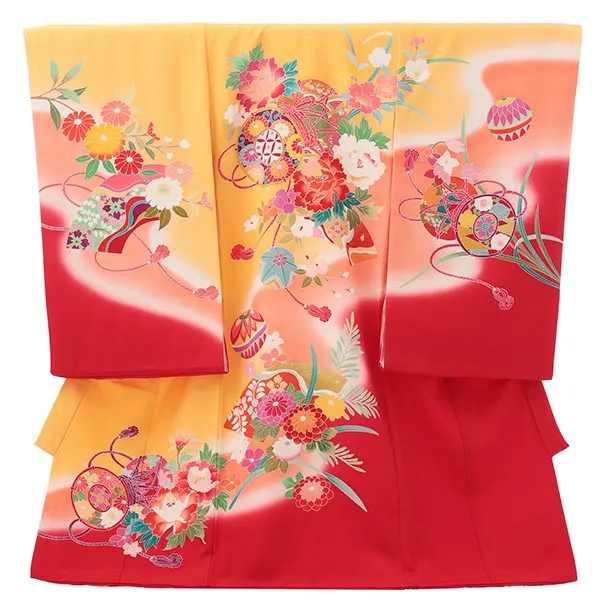 女児産着 お宮参りレンタル R209【正絹】オレンジ×赤 鼓に花 扇