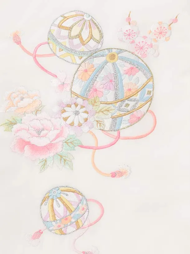 女児産着 お宮参りレンタルR243 【正絹】白地 鞠と牡丹 刺繍