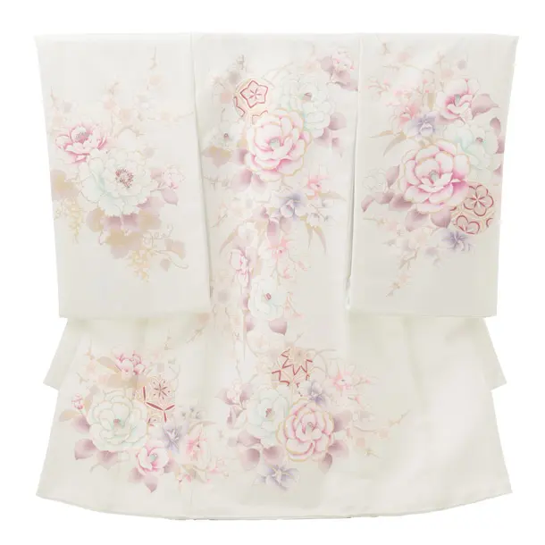 女児産着レンタル(お宮参り) R259 ヒワ色 牡丹に花々