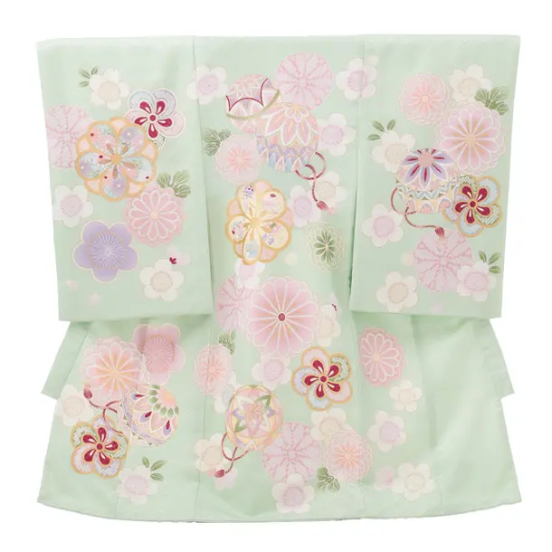 女児産着レンタル(お宮参り) R263 グリーン地 鞠に梅菊桜