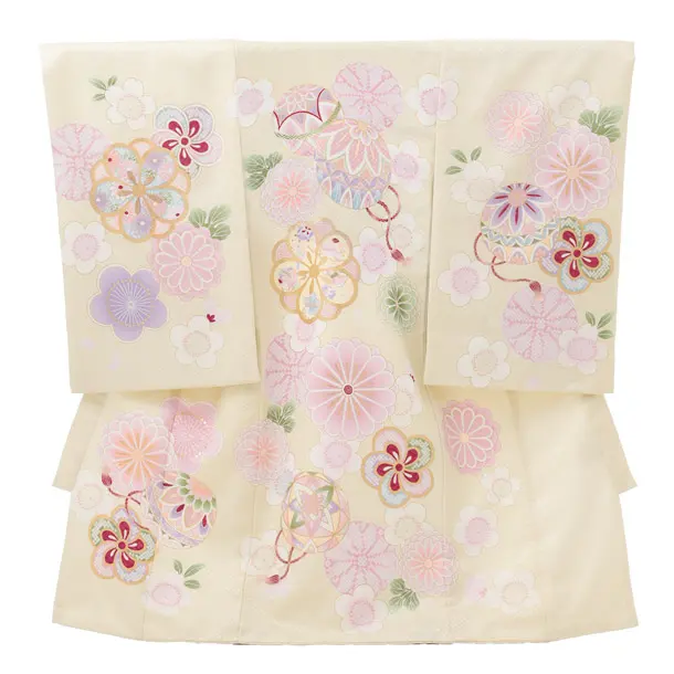 女児産着レンタル(お宮参り) R264 クリームイエロー 鞠に梅菊桜