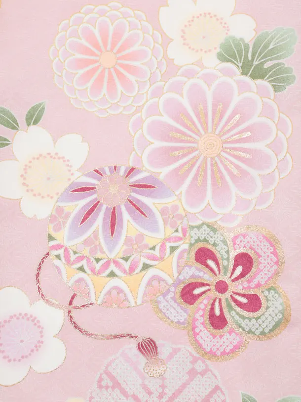 女児産着レンタル(お宮参り) R267 ピンク地 花車に梅菊桜