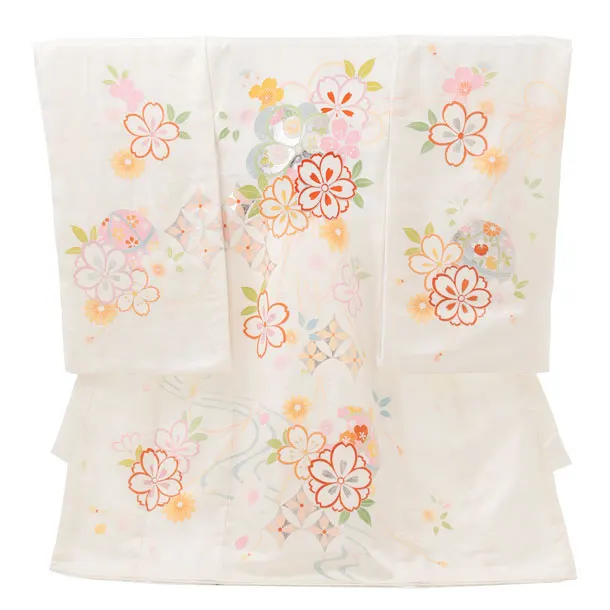女児産着レンタル(お宮参り) R275 【正絹】京友禅 白地 桜薬玉 七宝