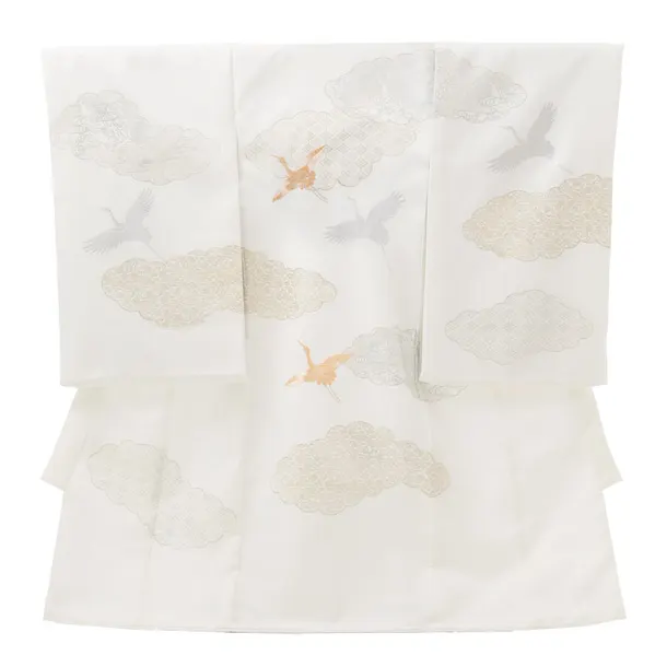 女児産着レンタル(お宮参り) R290 京友禅 オフホワイト 雲取り 鶴