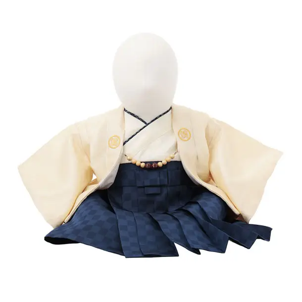 男児【100日～１歳用】0184ベージュ/ ブルー市松袴セット/一体型