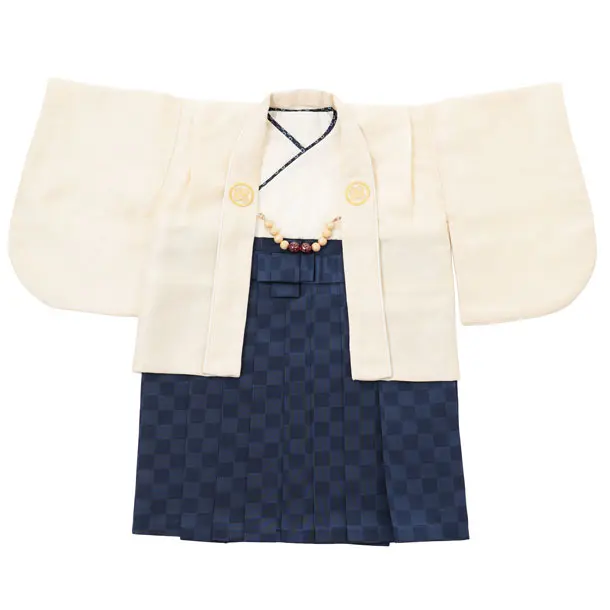 男児【100日～１歳用】0184ベージュ/ ブルー市松袴セット/一体型