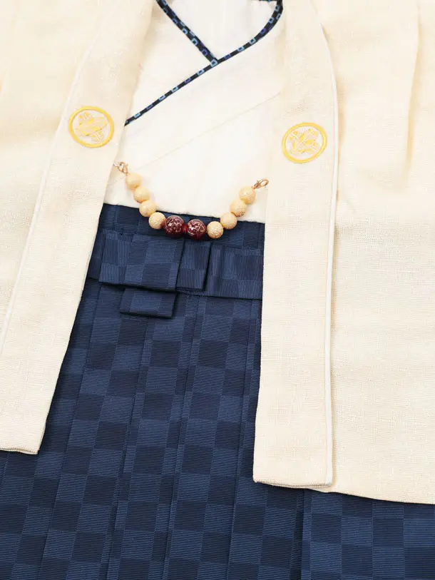 男児【100日～１歳用】0184ベージュ/ ブルー市松袴セット/一体型