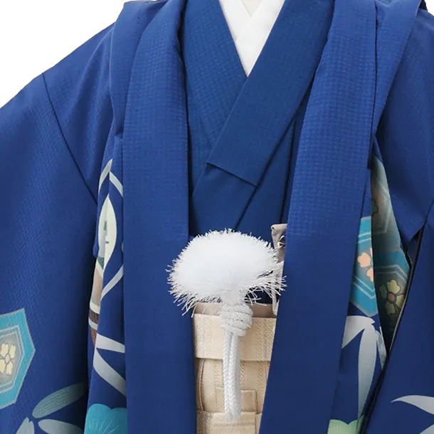 かんたん七五三(7歳男袴)0874 ブルー地 松に鷹×アイボリーストライプ