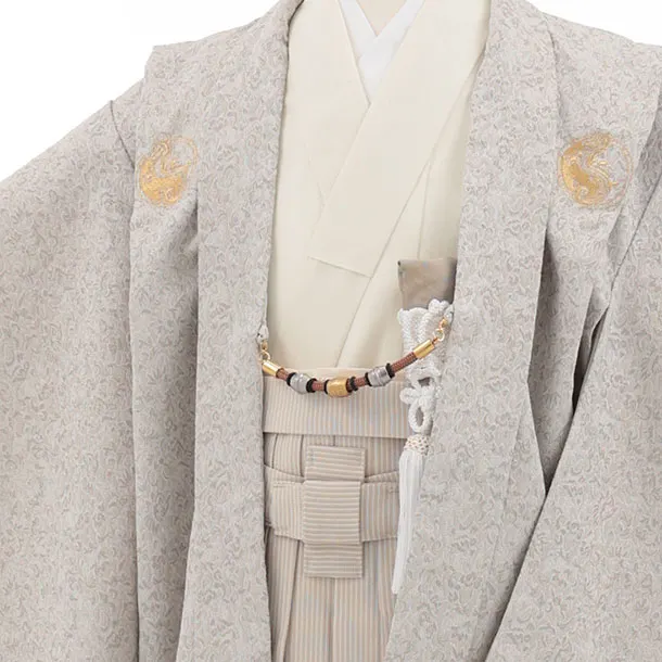 かんたん七五三(7歳男袴)0879 ベージュ紋付xベージュストライプ