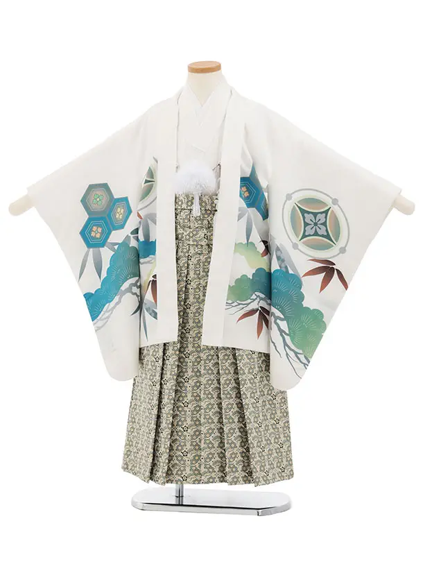 かんたん七五三(7歳男袴)0880 白地松に亀甲鷹xベージュグリーン