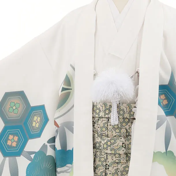 かんたん七五三(7歳男袴)0880 白地松に亀甲鷹xベージュグリーン