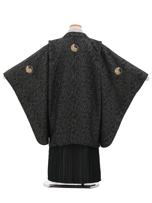 かんたん七五三(7歳男袴)0881 黒ラメ紋付x黒ストライプ