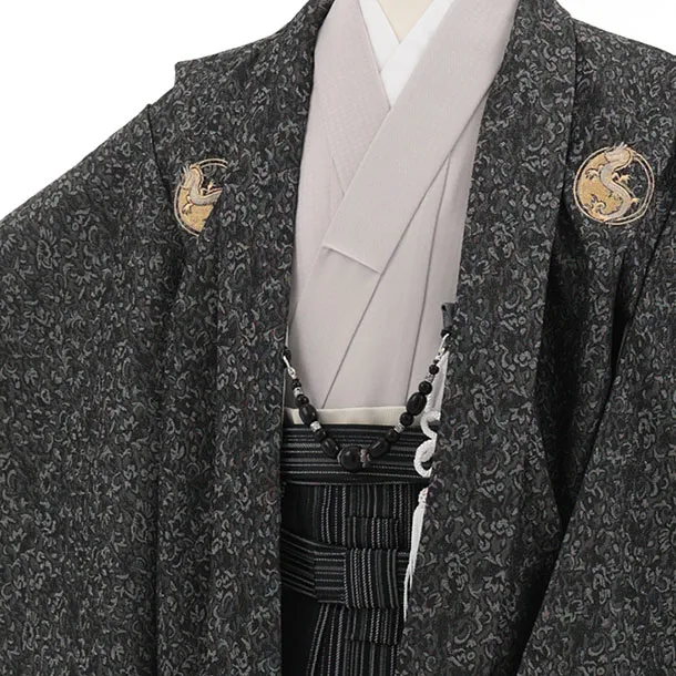 かんたん七五三(7歳男袴)0881 黒ラメ紋付x黒ストライプ