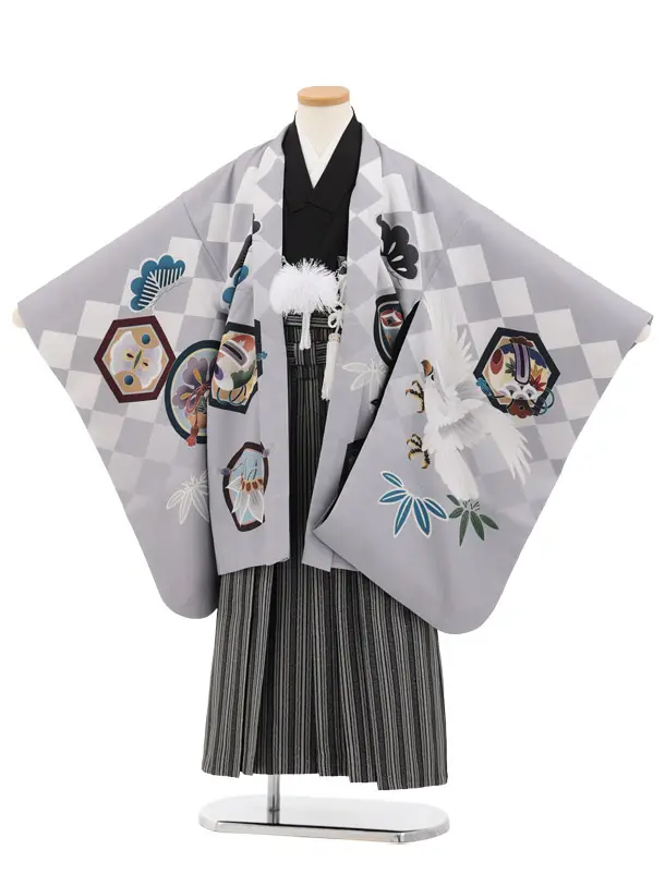 かんたん(7歳男袴)0894 ｸﾞﾚｰ 兜白鷹吉祥文様×シルバー縞