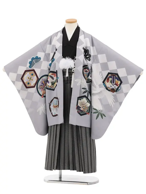 かんたん(7歳男袴)0894 ｸﾞﾚｰ 兜白鷹吉祥文様×シルバー縞