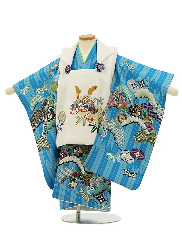 七五三レンタル(3歳男児被布)2812白兜xブルー矢羽根吉祥文様