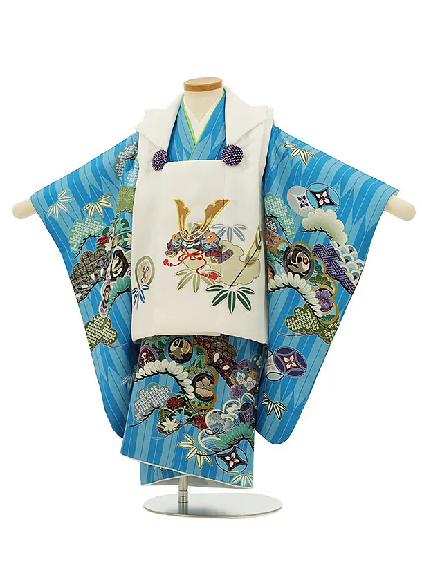 七五三レンタル(3歳男児被布)2812白兜xブルー矢羽根吉祥文様