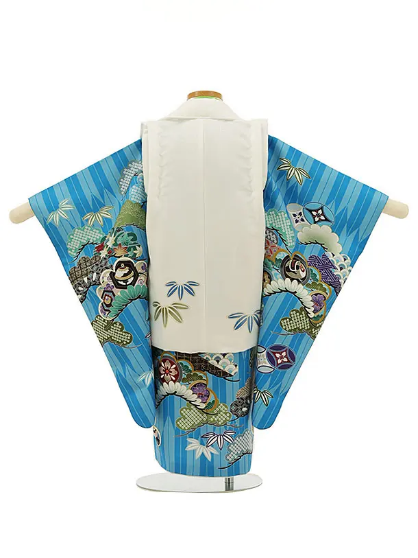 七五三レンタル(3歳男児被布)2812白兜xブルー矢羽根吉祥文様