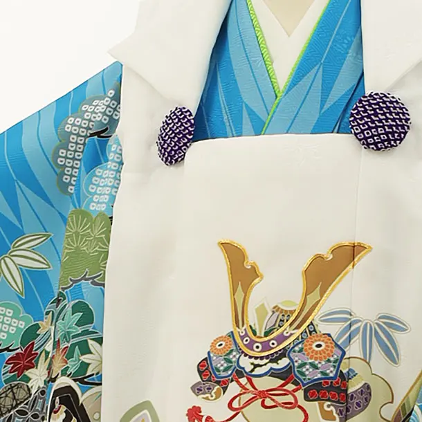 七五三レンタル(3歳男児被布)2812白兜xブルー矢羽根吉祥文様