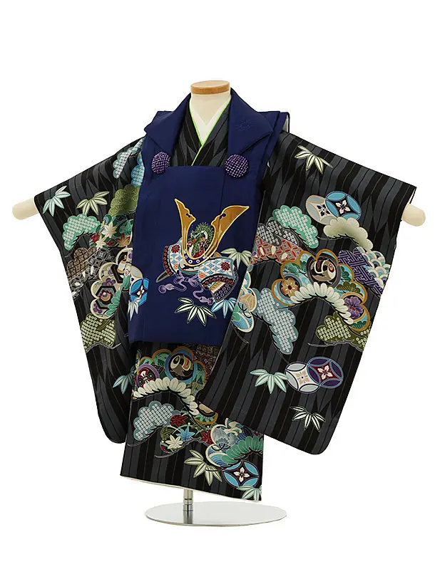 七五三レンタル(3歳男児被布)2815紺兜x黒矢羽根吉祥文様