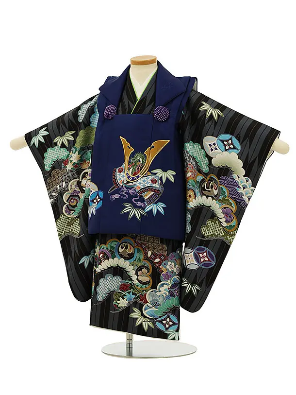 七五三レンタル(3歳男児被布)2815紺兜x黒矢羽根吉祥文様