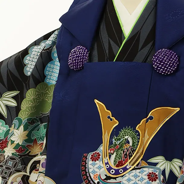 七五三レンタル(3歳男児被布)2815紺兜x黒矢羽根吉祥文様