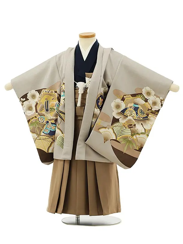 かんたん七五三レンタル(3歳男袴)2872グレー吉祥文様白鷹×モカ茶袴