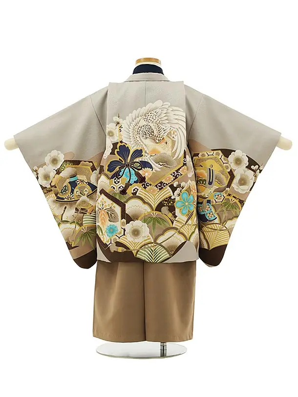 かんたん七五三レンタル(3歳男袴)2872グレー吉祥文様白鷹×モカ茶袴