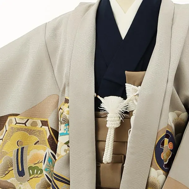 かんたん七五三レンタル(3歳男袴)2872グレー吉祥文様白鷹×モカ茶袴