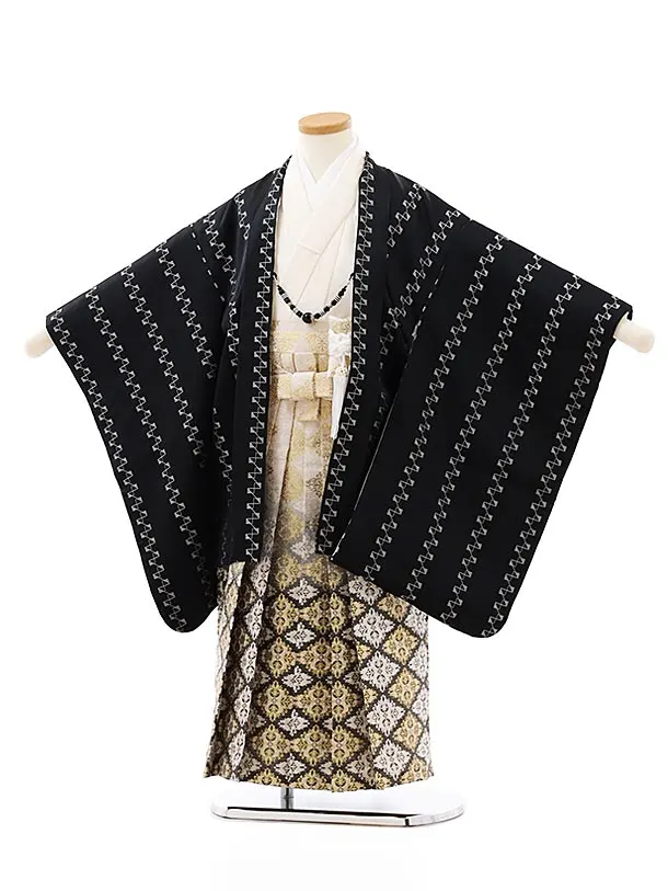 七五三レンタル(5歳男袴)5850黒地白変わり柄xクリーム黒金ぼかし袴