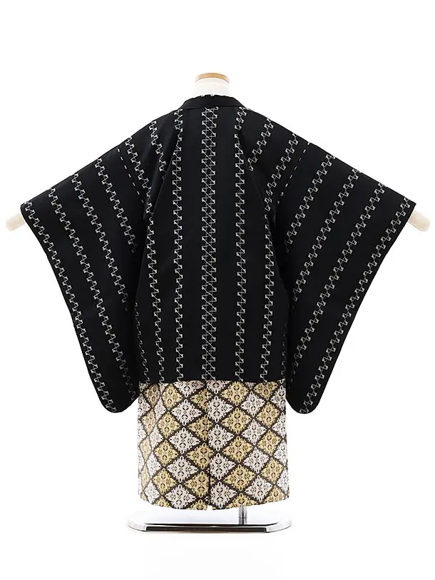 七五三レンタル(5歳男袴)5850黒地白変わり柄xクリーム黒金ぼかし袴