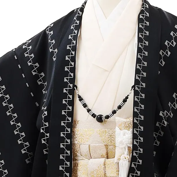 七五三レンタル(5歳男袴)5850黒地白変わり柄xクリーム黒金ぼかし袴