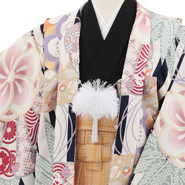かんたん七五三(5歳男袴)N005 ネイビーストライプ 桧扇に竹ねじり花×からし