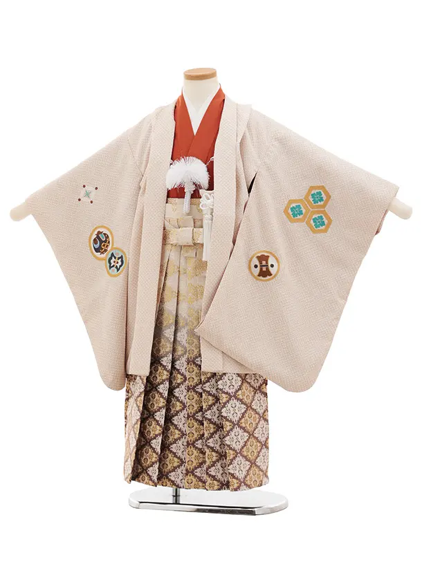かんたん(5歳男袴)N073 ベージュ 疋田柄 刺繍鷹 兜×ベージュ茶ぼかし