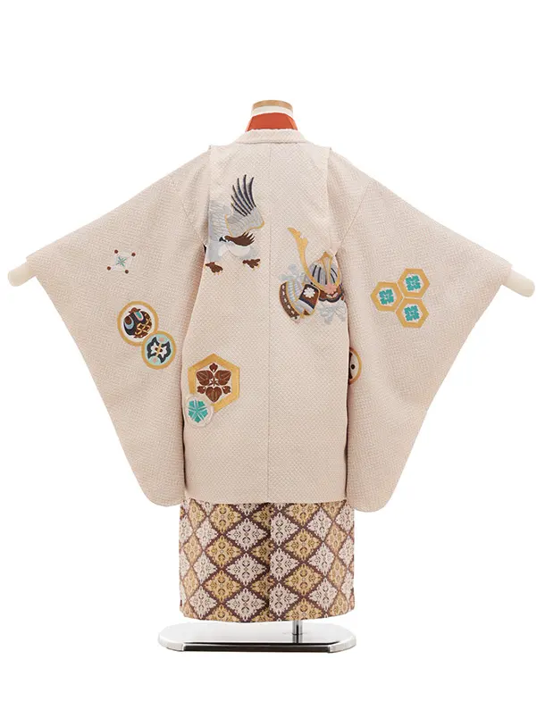 かんたん(5歳男袴)N073 ベージュ 疋田柄 刺繍鷹 兜×ベージュ茶ぼかし