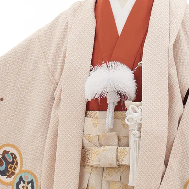 かんたん(5歳男袴)N073 ベージュ 疋田柄 刺繍鷹 兜×ベージュ茶ぼかし