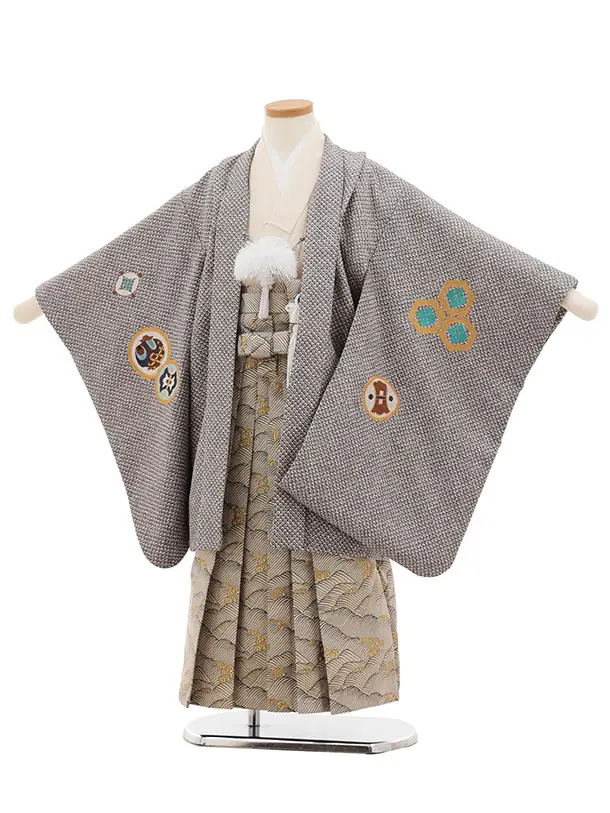 かんたん七五三(5歳男袴)N074 ブラウン 疋田柄 刺繍鷹 兜×ゴールド波