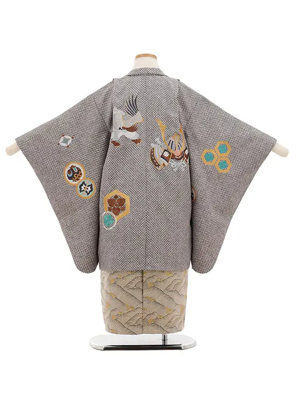 かんたん七五三(5歳男袴)N074 ブラウン 疋田柄 刺繍鷹 兜×ゴールド波