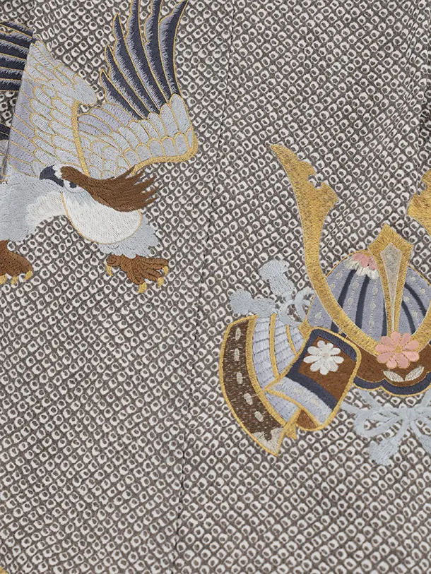 かんたん七五三(5歳男袴)N074 ブラウン 疋田柄 刺繍鷹 兜×ゴールド波