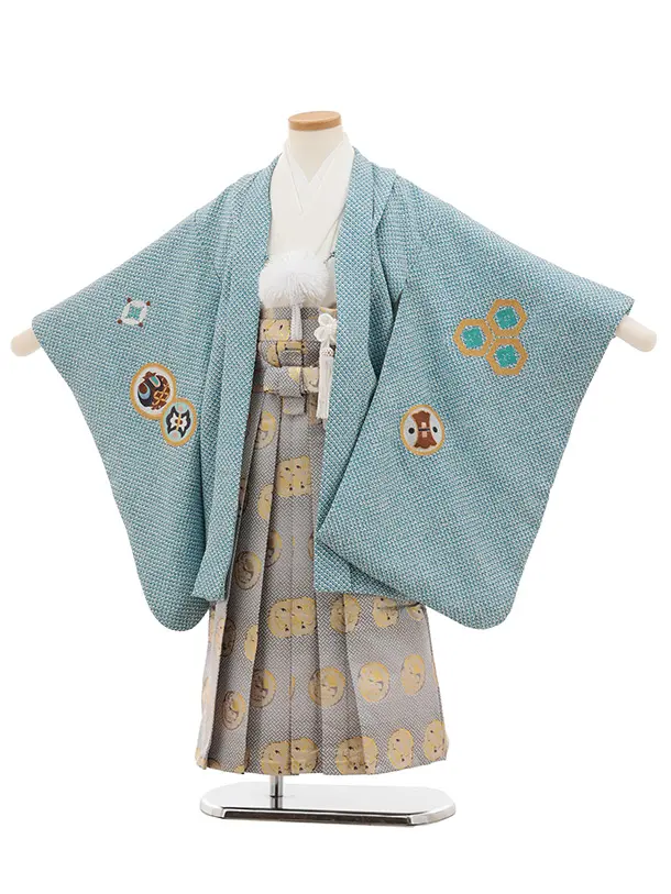 かんたん七五三(5歳男袴)N075 ブルーグリーン 疋田柄 刺繍鷹 兜×グレー金