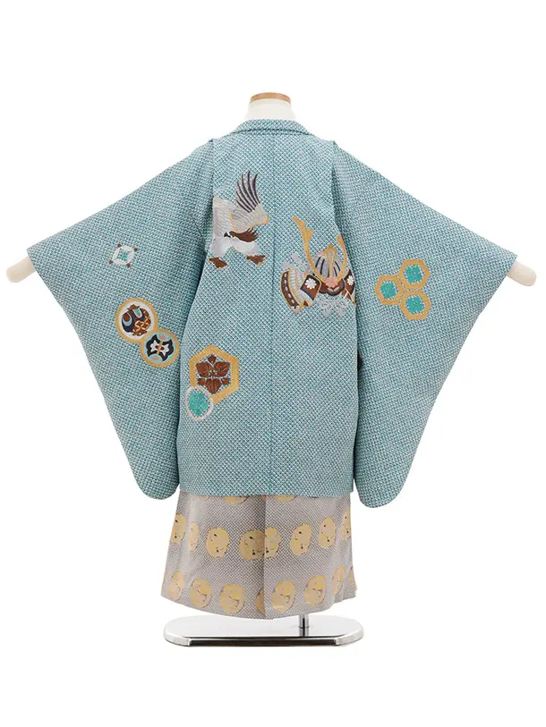 かんたん七五三(5歳男袴)N075 ブルーグリーン 疋田柄 刺繍鷹 兜×グレー金