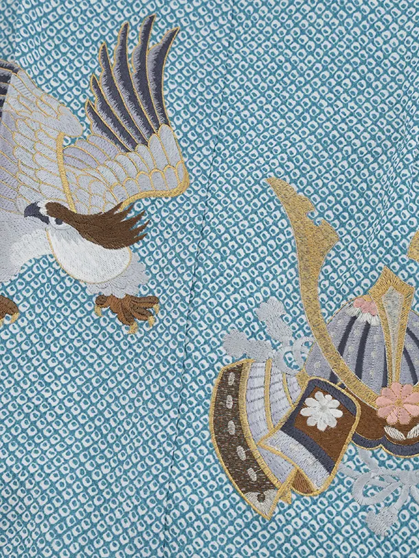 かんたん七五三(5歳男袴)N075 ブルーグリーン 疋田柄 刺繍鷹 兜×グレー金