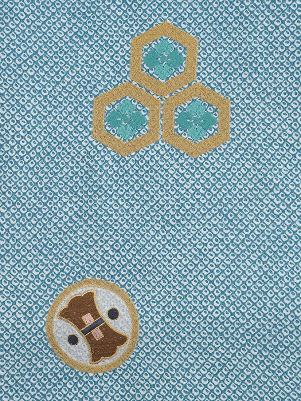 かんたん七五三(5歳男袴)N075 ブルーグリーン 疋田柄 刺繍鷹 兜×グレー金