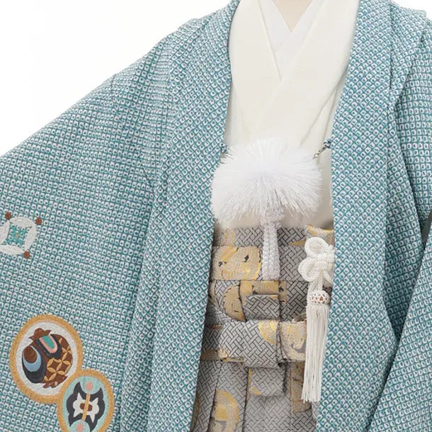 かんたん七五三(5歳男袴)N075 ブルーグリーン 疋田柄 刺繍鷹 兜×グレー金
