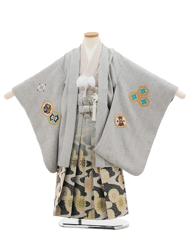 かんたん七五三(5歳男袴)N076 グレージュ 疋田柄 刺繍鷹 兜×白黒ぼかし