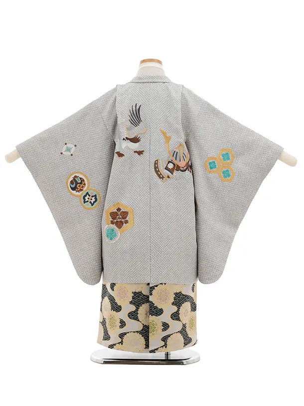 かんたん七五三(5歳男袴)N076 グレージュ 疋田柄 刺繍鷹 兜×白黒ぼかし