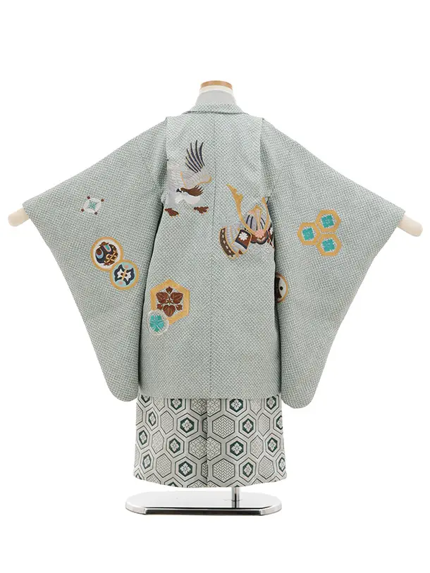 かんたん(5歳袴)N077 ペールグリーン疋田柄刺繍鷹兜×シルバーグリーンぼかし