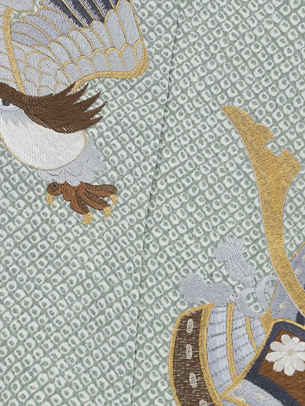 かんたん(5歳袴)N077 ペールグリーン疋田柄刺繍鷹兜×シルバーグリーンぼかし